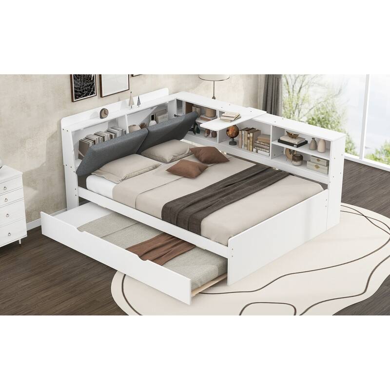 Full Size Platform Bed with Trundle, Storage Headboard, and Shelves in White