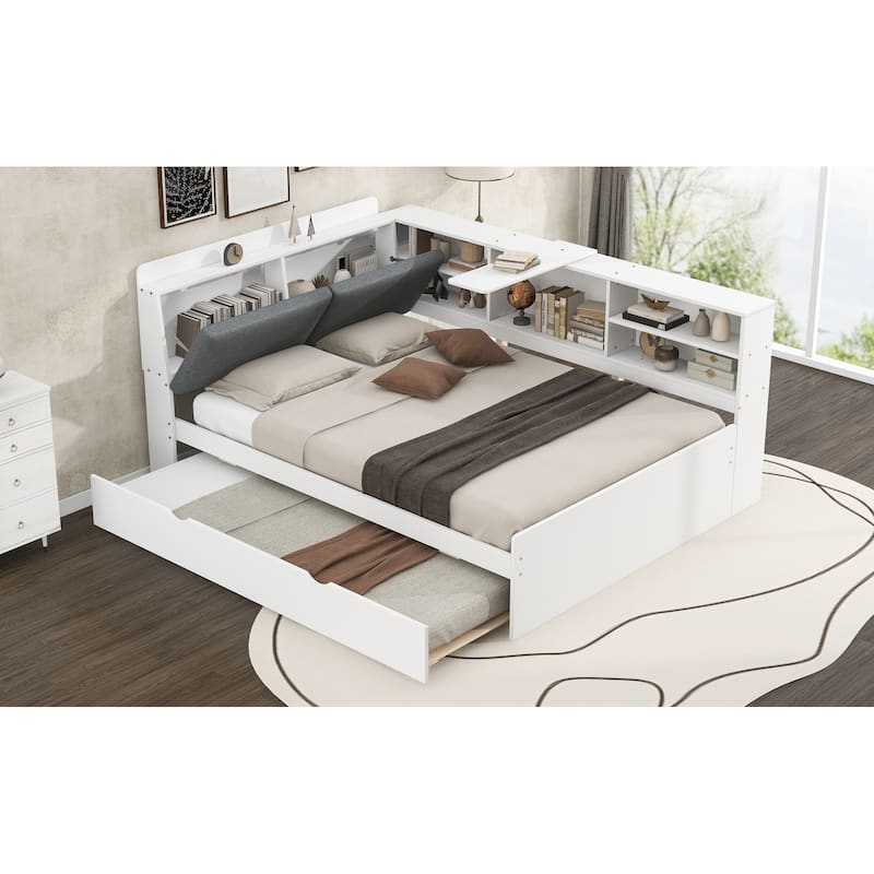 Wood Full Size Platform Bed, Storage Daybed Frame with Trundle, Shelves & Storage Upholstered Headboard, L Shaped Full Floor-Bed