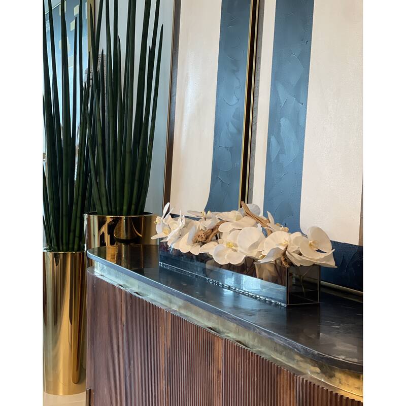 36 Inch Casa Moderna Black Tinted Glass Plate Planter with white Phalaenopsis orchids