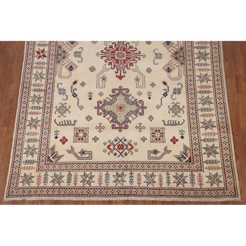 Hand Knotted Oriental 100% Wool Carpet Traditional Geometric Beige & Ivories Kazak Area Rug - 9' 7'' X 6' 7''