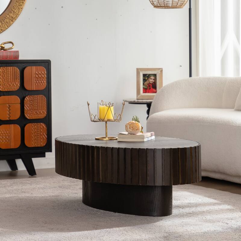 Handcrafted Relief Oval Coffee Table with Sturdy Pedestal