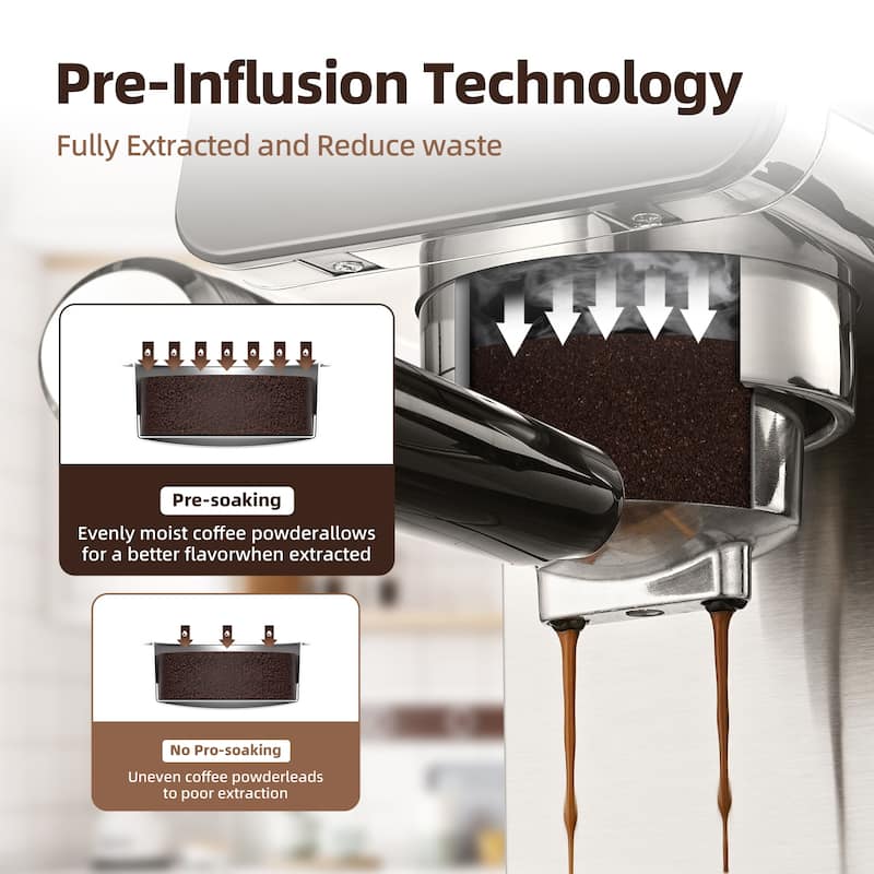 AMZCHEF 20 Bar Espresso Machine, 1350W Compact Stainless Steel Coffee Maker with LED Touch Screen - 13"D x 6.5"W x 12"H