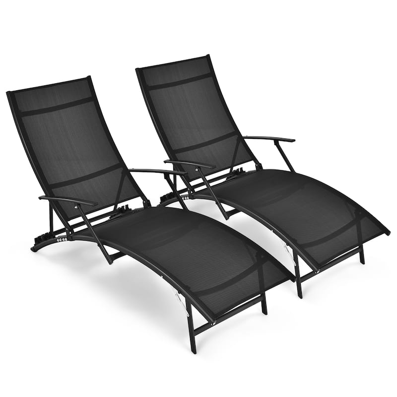 2PCS Patio Folding Lounge Chair Chaise Recliner Adjustable Stackable - Black