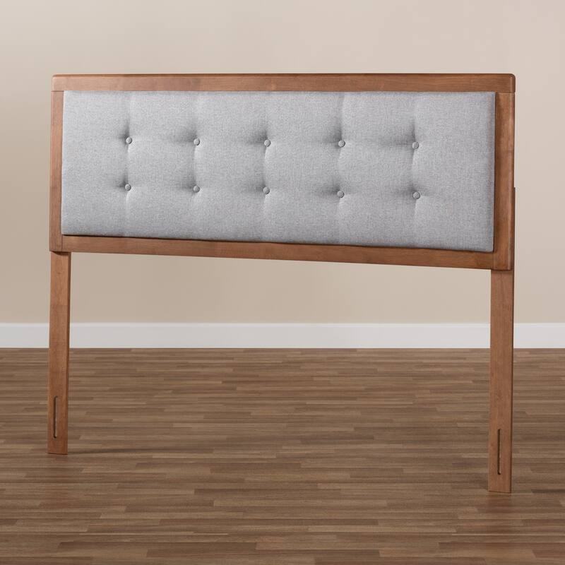 Mid-Century Modern Light Grey Fabric Upholstered Walnut Brown Wood King Size Headboard with Clean Lines