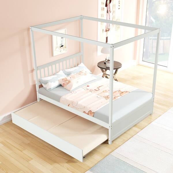 slide 2 of 17, Full Size Canopy Bed with Twin Trundle, Kids Solid Wood Platform Bed Frame w/ Headboard White
