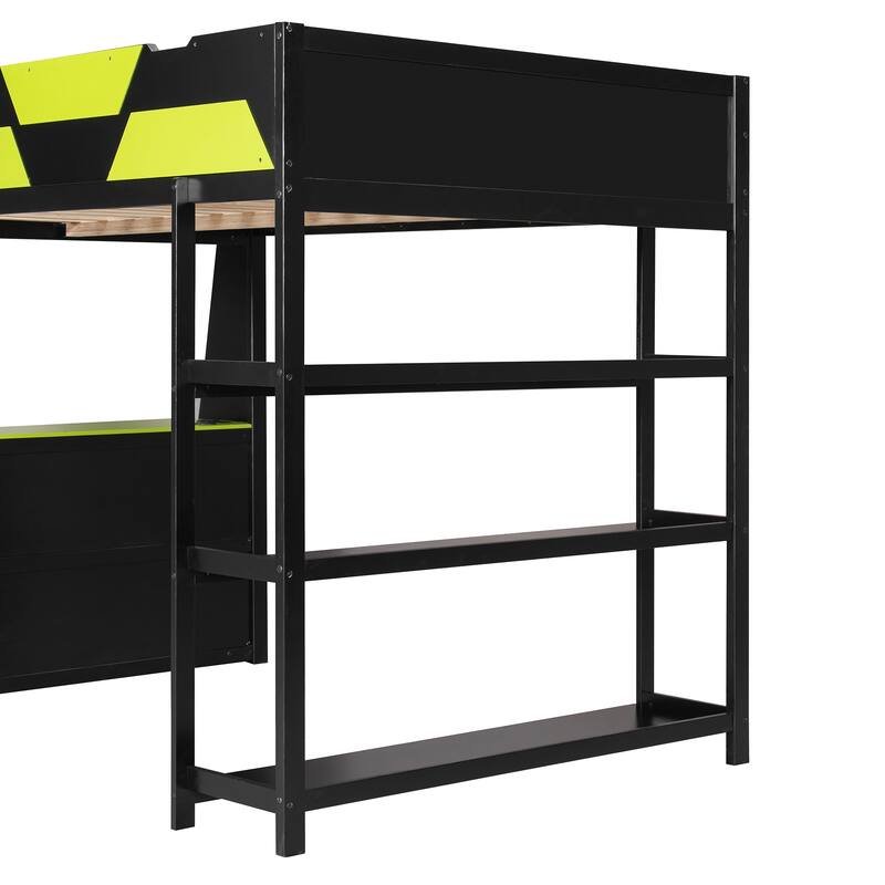 Full Size Gaming Loft Bed Station with Desk, Storage Shelves & RGB LED Lights