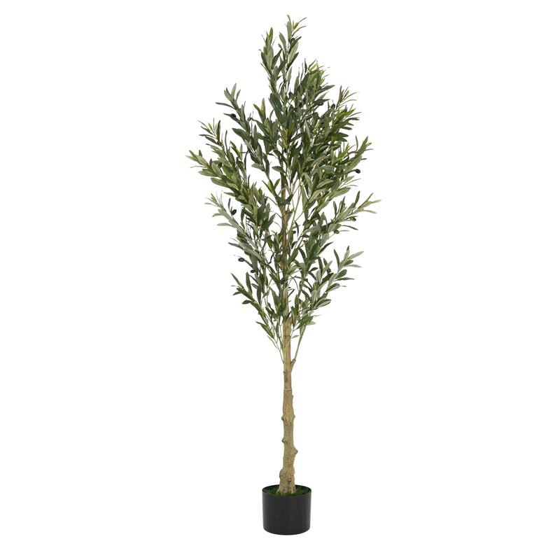 Roomfitters 6 Ft Artificial Olive Tree, Tall Faux Indoor Plant with Black Plastic Pot for Home Decor, Green