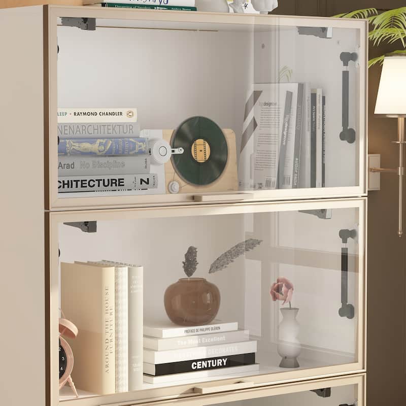 Stylish Aluminum Bookshelf with Four Hinged Doors and Strips Lighting