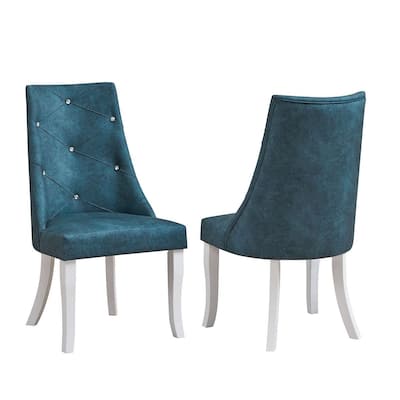 Crystal-Tufted Upholstered Dining Room Chairs, Set of 2, Blue