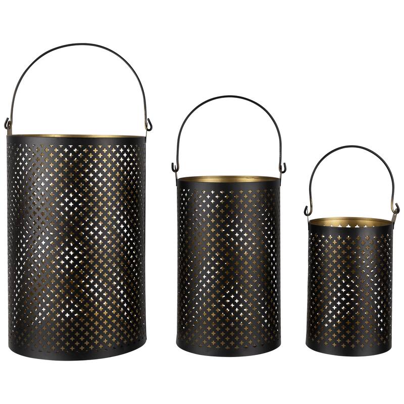 Iron Mesh Candle Holders with Handles - 10" - Black and Gold Finish - Set of 3