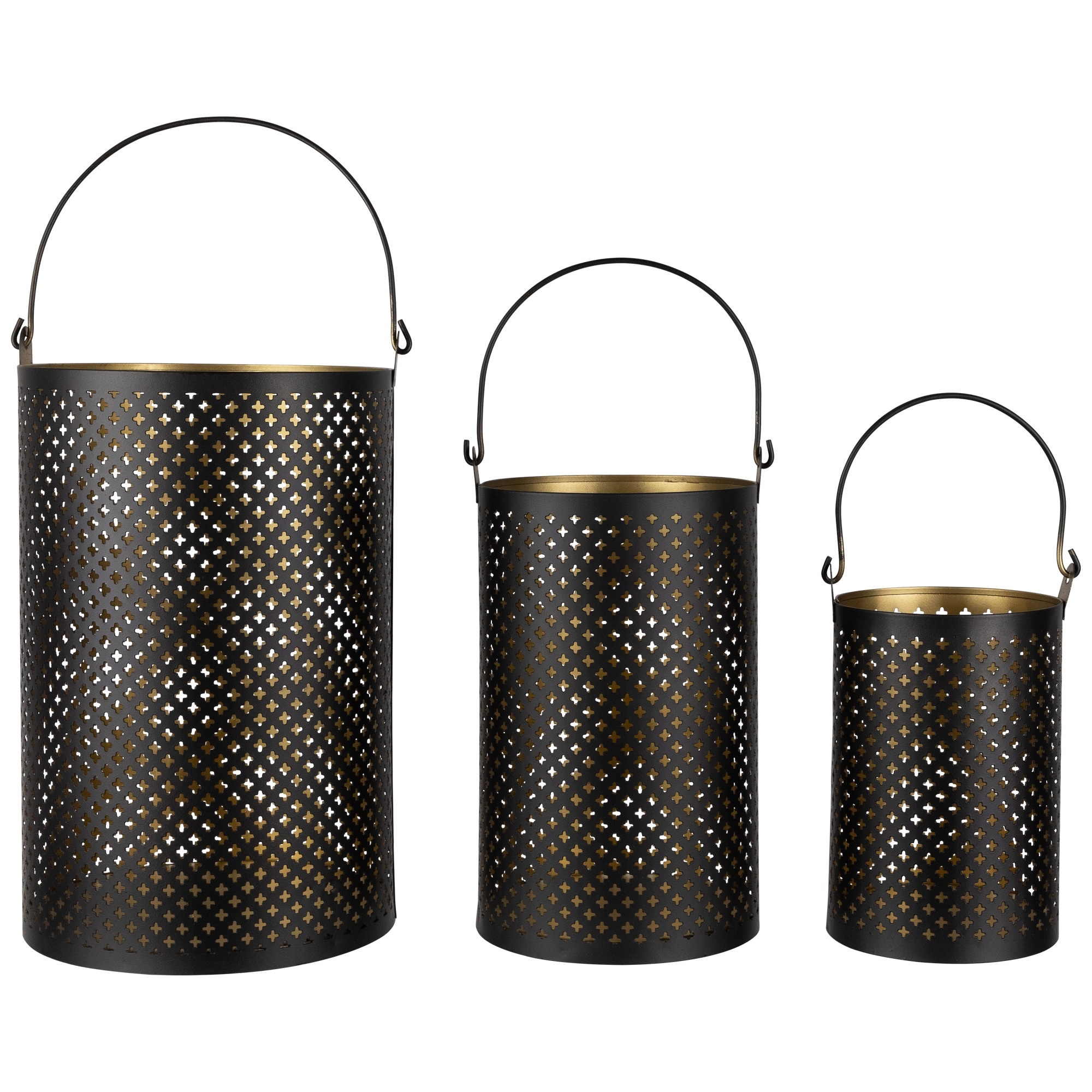 Iron Mesh Candle Holders with Handles 10" Black Gold Finish Set of 3