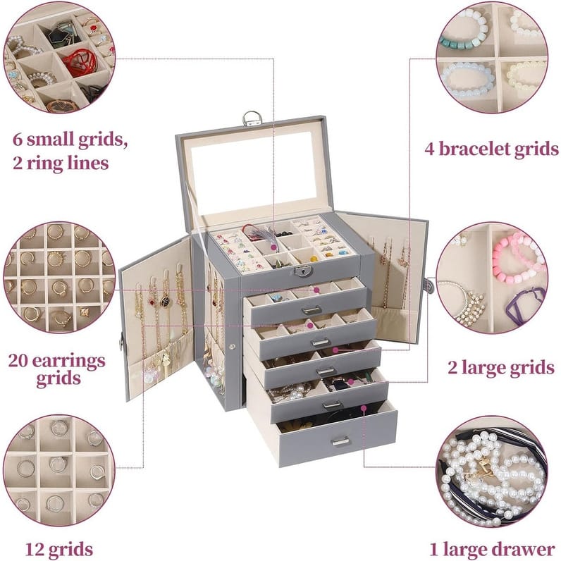 6 Layer Large Jewelry Organizer With Mirror - 6.6"D x 10.6"W x 11"H