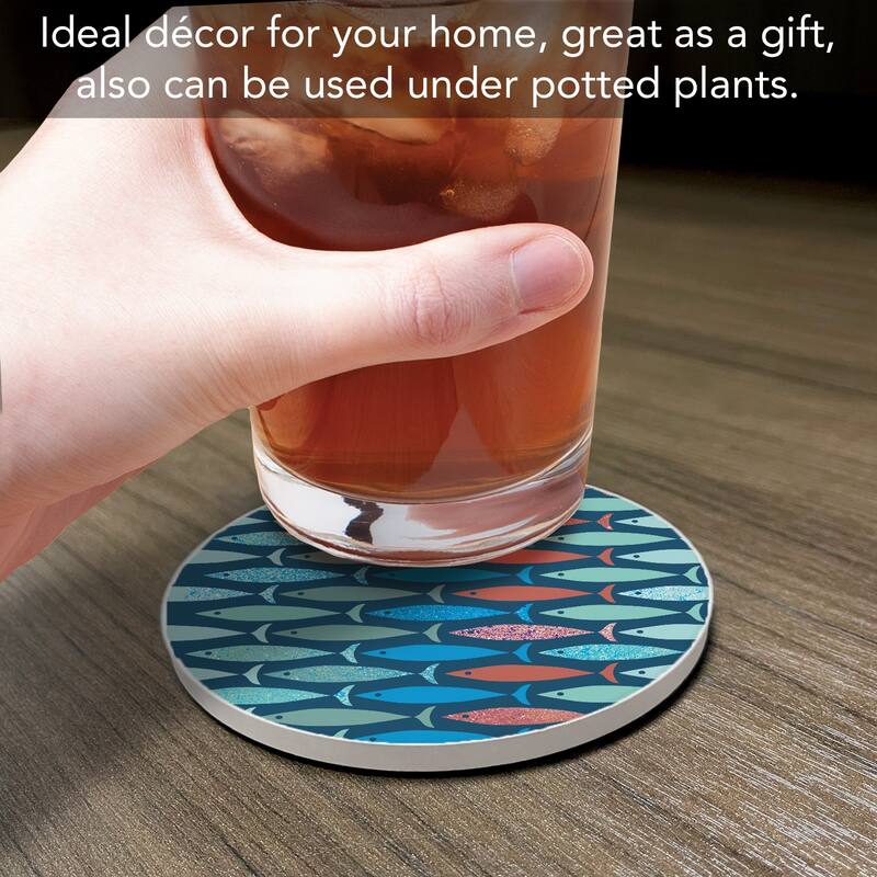 Coastal Fish 4 Pack Absorbent Stone Coaster with Protective Cork Backing Made in The USA 4" Round, Easily Wipes Clean