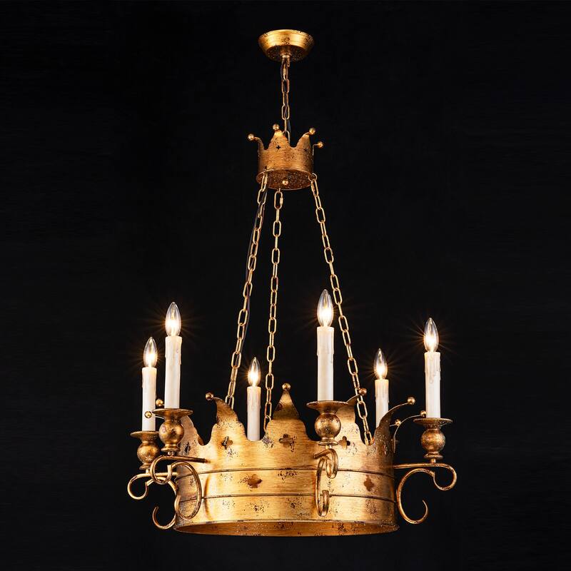 6-Light Luxury Retro Antique Gold Crown Metal Hanging Light Chandelier for Hallways,Living Room