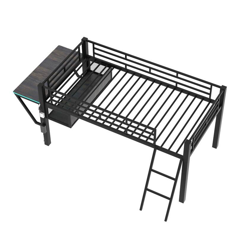 Twin/Full Size Gaming Mid Loft Bed with Gaming Desk and LED Lights, Low Metal Loft Bedframe with Ladder for Kids Teens