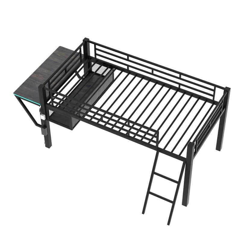 Twin Size Gaming Mid Loft Bed with Desk, LED