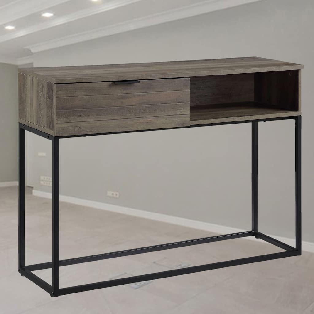 Industrial Style Writing Desk, Powder-Coated Metal Base, and Self-Closing Storage Compartment for Office Use