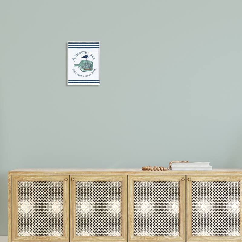 Stupell Ship In Bottle Seagull Striped Nautical Phrase Framed Wall Art, Design by Raquel Maciel - Blue