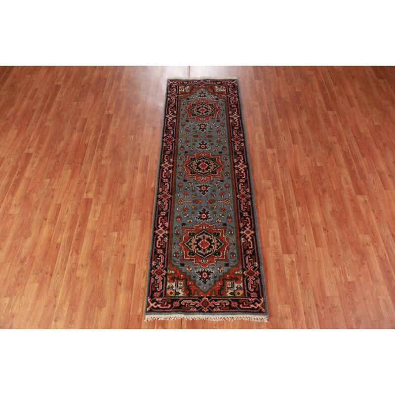 Hand Knotted Oriental 100% Wool Carpet Traditional Geometric Navy Blue & Blues Heriz (serapi) Runner Rug - 7' 11'' X 2' 7''