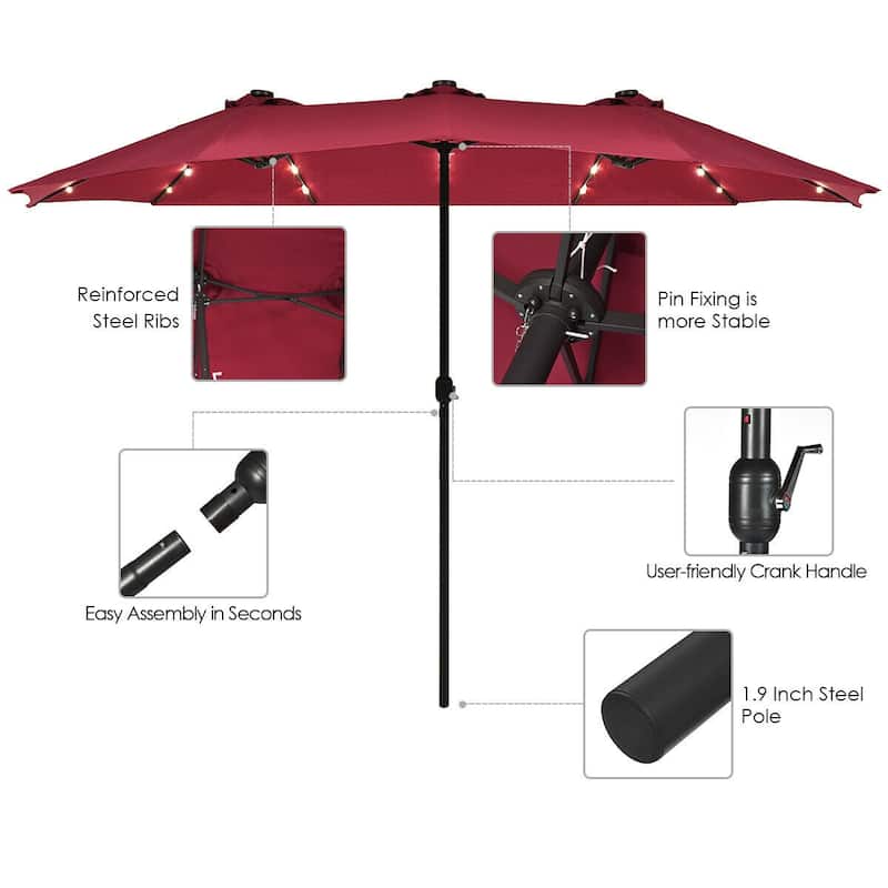 15 Ft Patio LED Crank Solar Powered 36 Lights Umbrella
