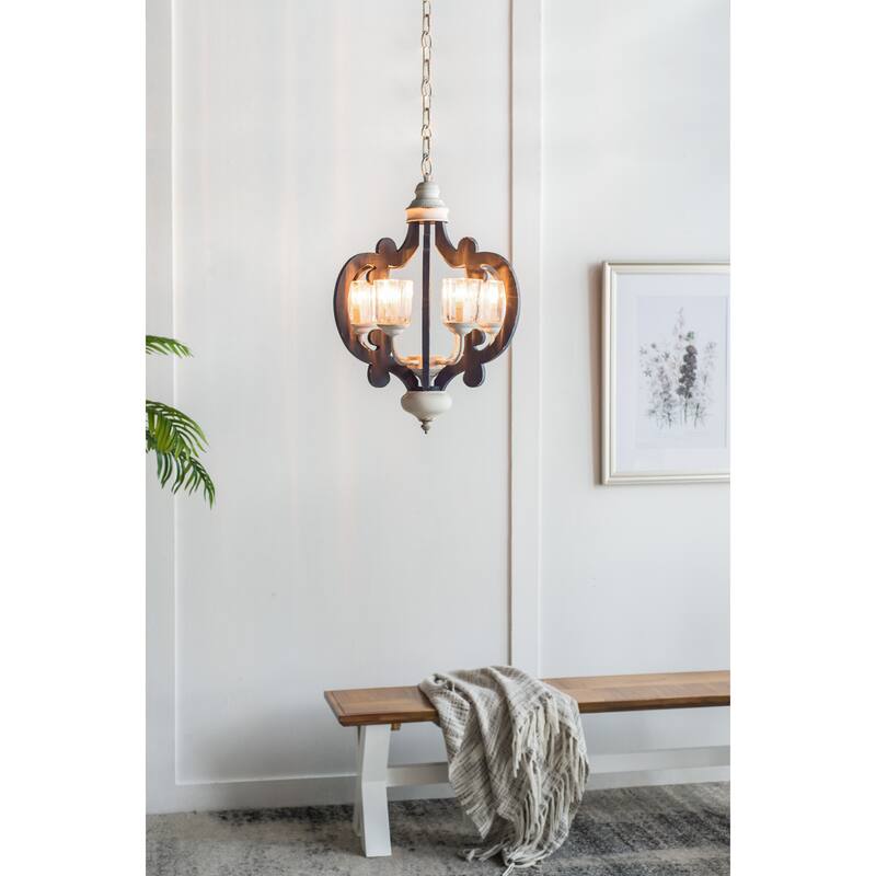 Wood Chandelier 6 - Light Farmhouse Pendant Lighting Natural Wood Hanging Light Fixture for Kitchen Living Dining Room - Cream Color