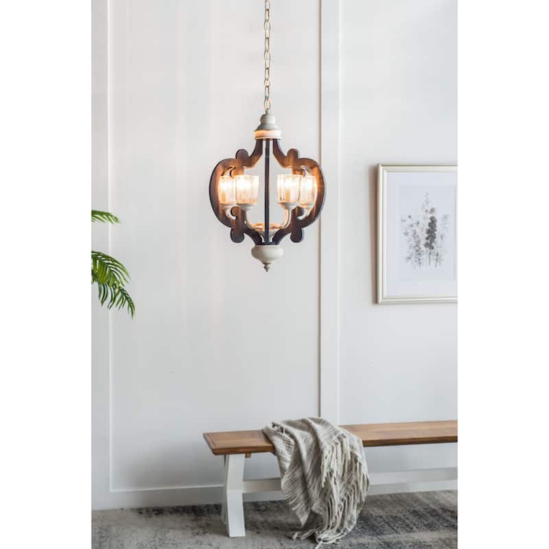Wood Chandelier 6-Light Farmhouse Pendant Lighting Hanging Light Fixture for Kitchen Living Dining Room, Bulb Not Included - Cream