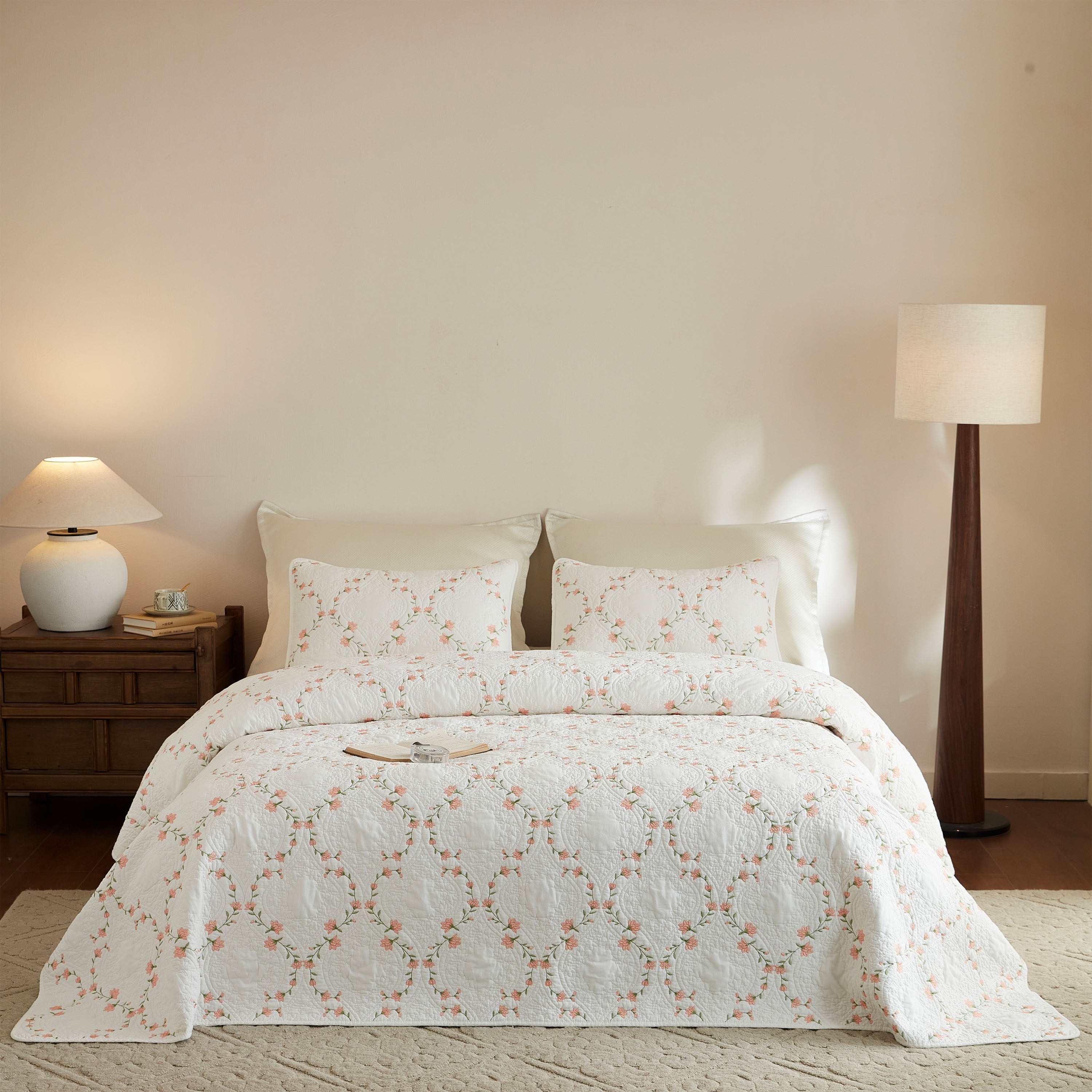 MarCielo Cotton Embroidered Blush Floral Quilt Set