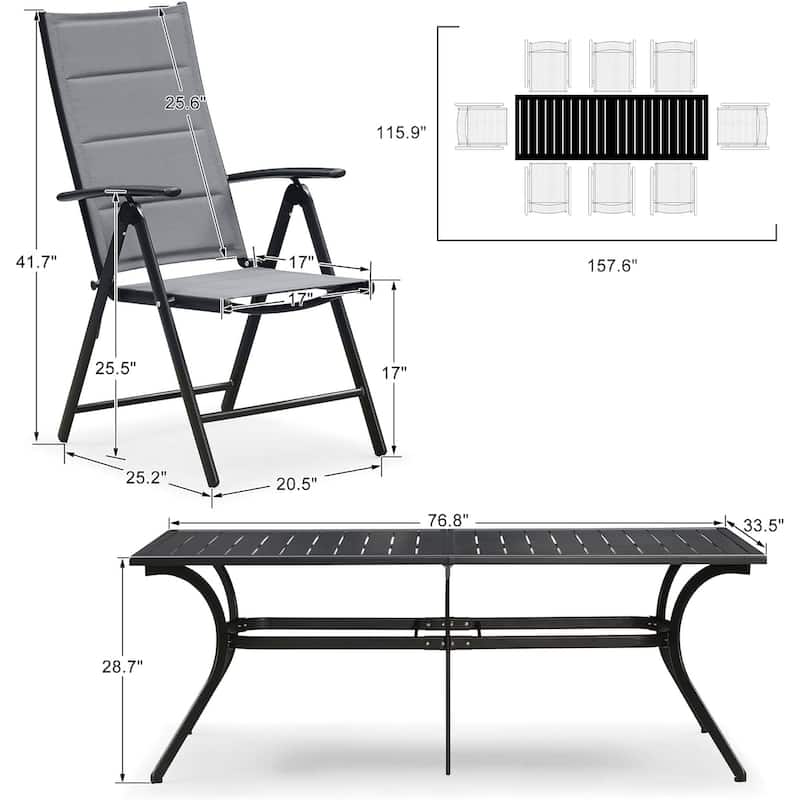 PURPLE LEAF Outdoor Patio Dining Set Folding Chairs And Table - Grey（8 Persons）