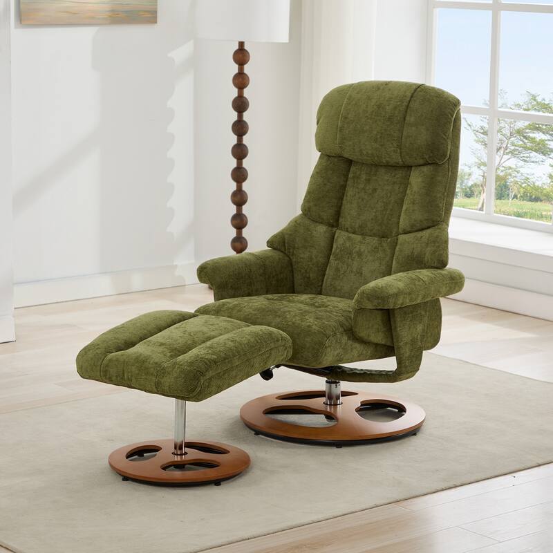 Recliner Chair with Ottoman, Modern 360° Swivel Lounge Chair with Footstool, Chenille Fabric, 5 Point Vibration Massage