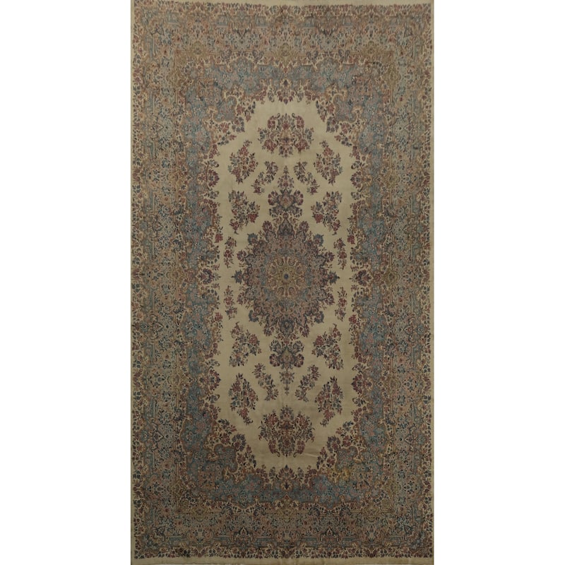 Hand Knotted Oriental 100% Wool Carpet Traditional Floral Beige & Ivories Kerman Area Rug - 20' 2'' X 11' 7''