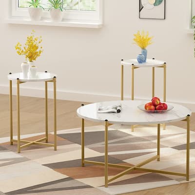 3 Piece Coffee Table Set for Living Room, 1 Coffee Table & 2 Side Table, Modern Faux Marble Table Set, Living Room Furniture