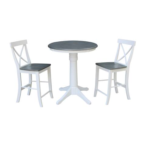 30" Round Pedestal Gathering Height Table with 2 X-Back Counter Height Stools in White and Heather Gray
