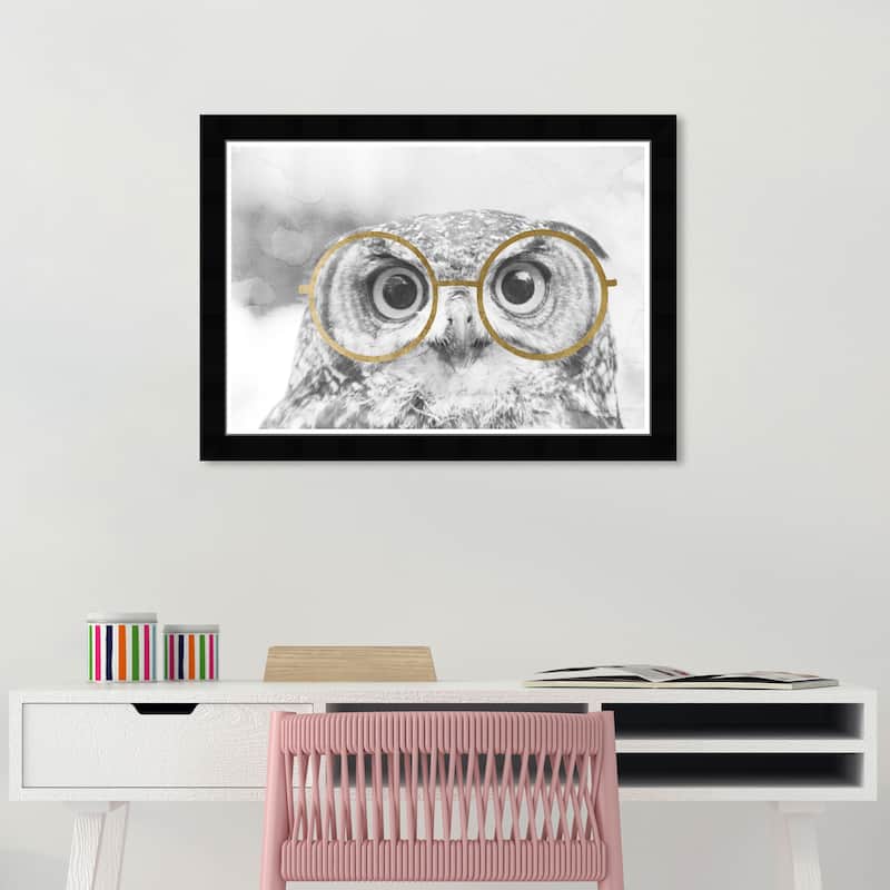 Wynwood Studio Prints Animals Nerdy Owl Black and Metallic Gold Glam Wall Art Canvas Print - Black