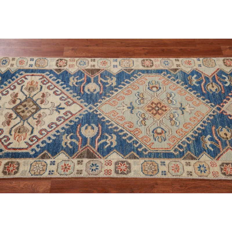 Hand Knotted Oriental 100% Wool Carpet Transitional Geometric Navy Blue & Blues Oushak Runner Rug - 9' 11'' X 2' 7''