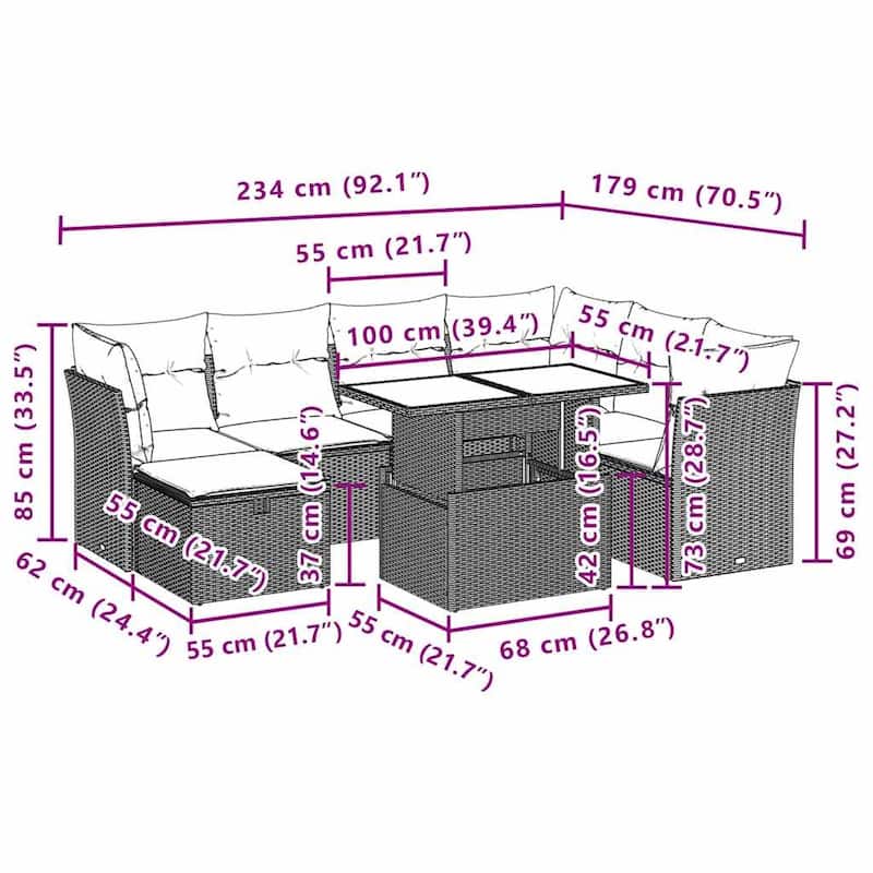8 Piece Patio Sofa Set with Cushions - 21.7 x 39.4 x 28.7 in