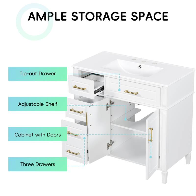 36 Inch Bathroom Vanity with Sink, White Single Sink Vanity with 4 Drawers (1 Flip Drawer), 2 Doors & Adjustable Shelf