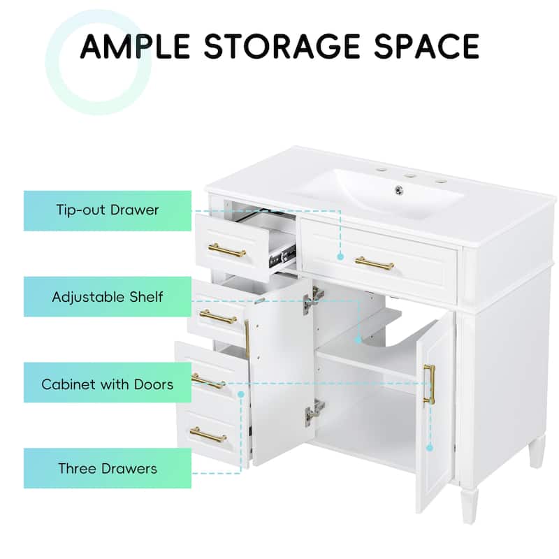 36 Inch Single Sink Bathroom Vanity Cabinet with 4 Drawers, Vanity Base & Ceramic Basin Set