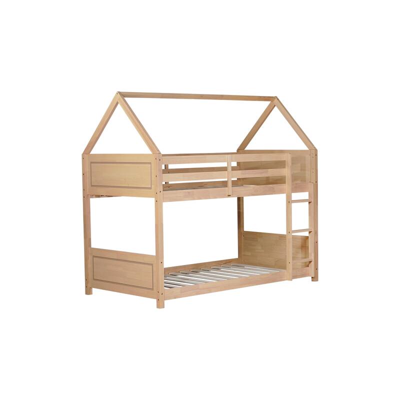 Twin Size Rubber Wood House Floor Bunk Bed with Safety Guardrails