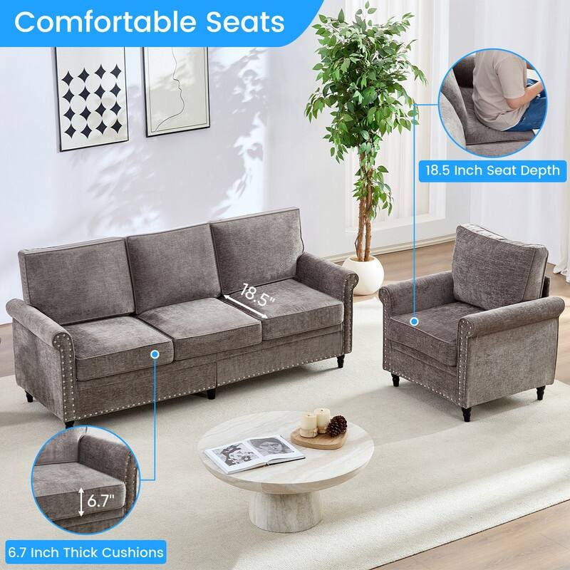Mixoy Chenille Fabric 3-Seater Sofa Couch with Single Sofa Chair with Rivet Design,Solid Wood Gourd Legs for Living Room - 3+1