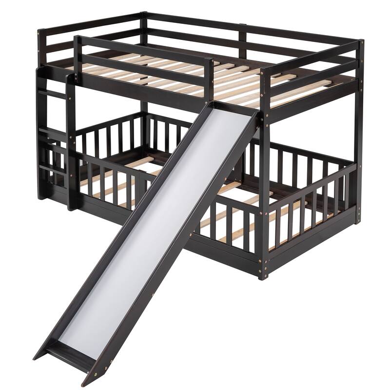 Twin Over Twin Bunk Bed with Slide and Convertible Ladder, Space-Saving Design