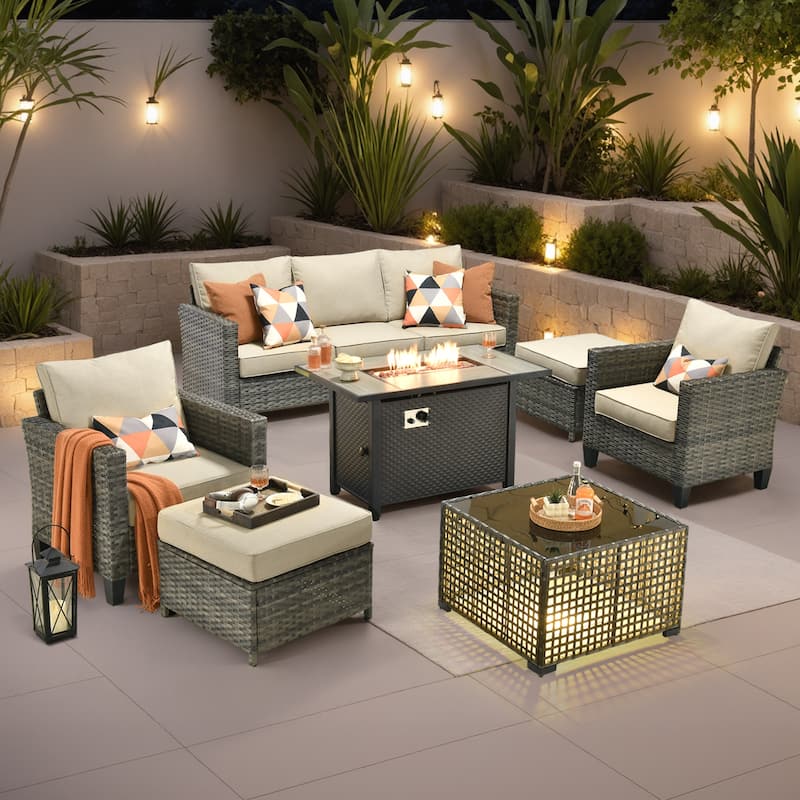 OVIOS 7 Pieces Patio Furniture Set with Solar-Powered Table & Fire Pit