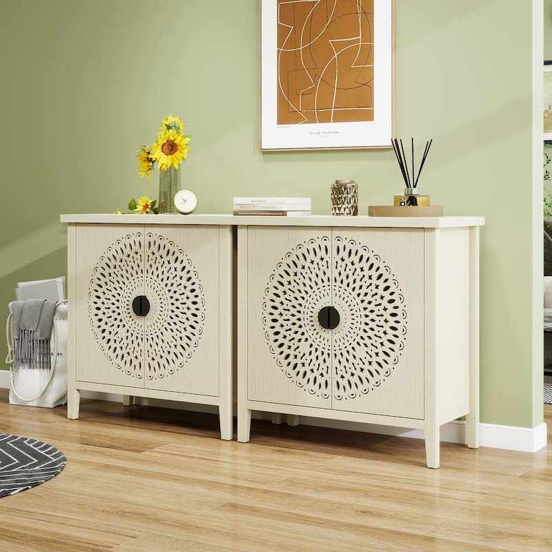 Waterproof Sideboard Buffet, Hollow-Carved 2 Door Accent Cabinet, Storage Cabinet with Adjustable Shelf