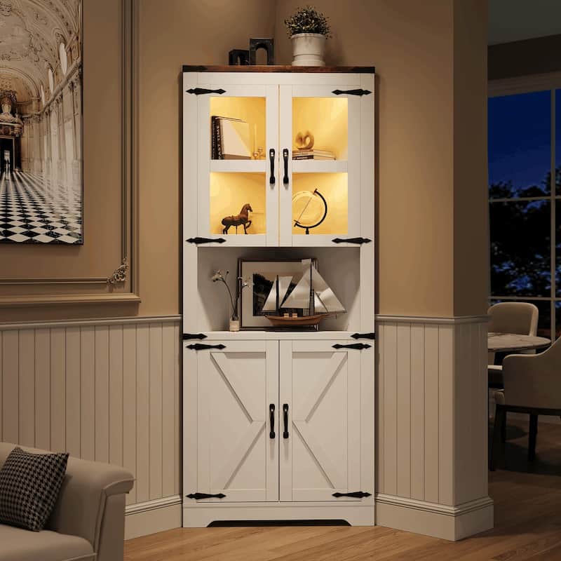 67" Tall Corner Storage Cabinet with Lights, Farmhouse Corner Hutch Display Cabinet with Glass Doors
