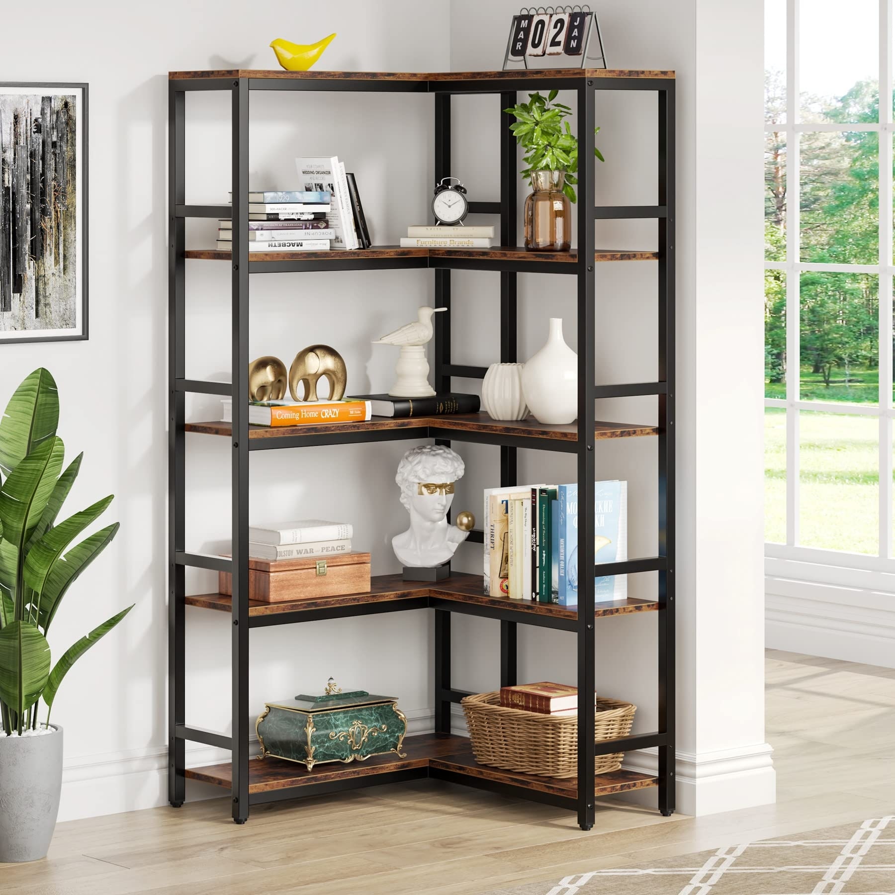 Industrial Corner Bookshelf Large Corner Etagere Bookcase for