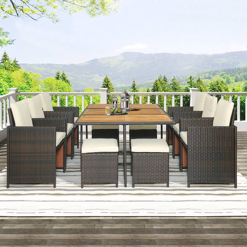 11Piece Patio AllWeather PE Wicker Dining Table Set with Wood