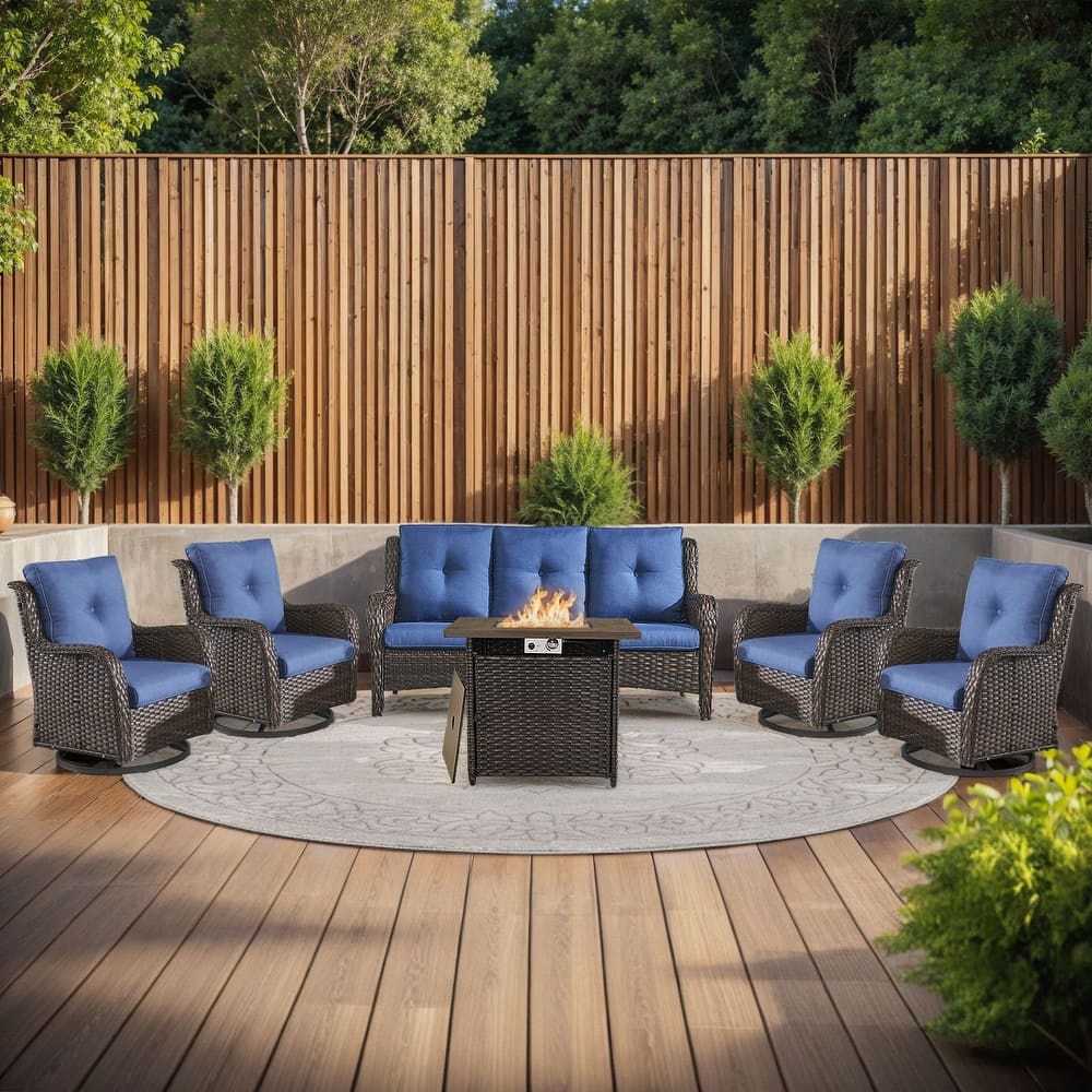 Gymojoy 6-Piece Outdoor Sofa & Chair Set with 4 Swivel Chairs, Fire Pit Table