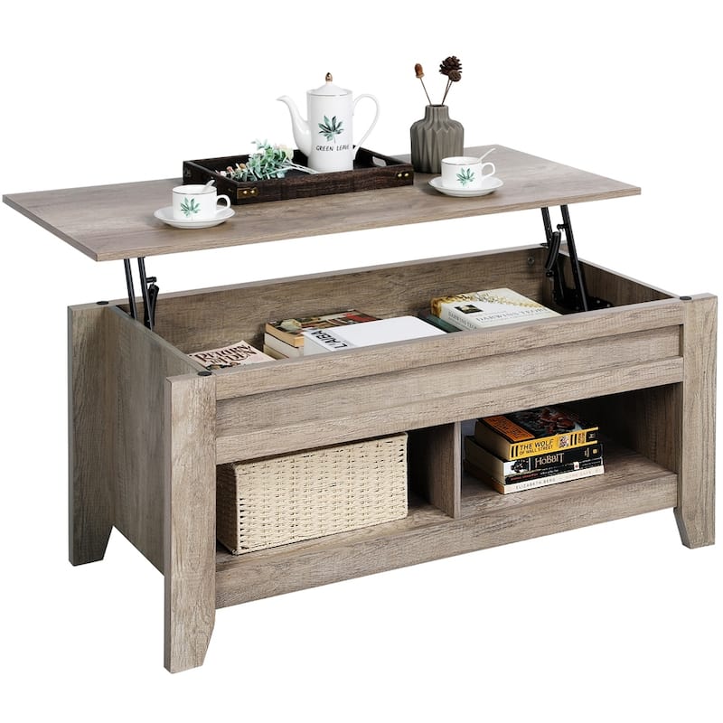 Yaheetech Lift Top Dining Coffee Table with Hidden Storage and Shelves - Grey
