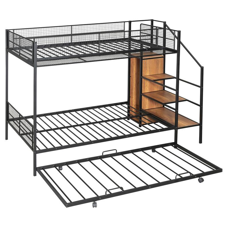 Twin over Full Metal Bunk Bed with Trundle and Storage Ladder