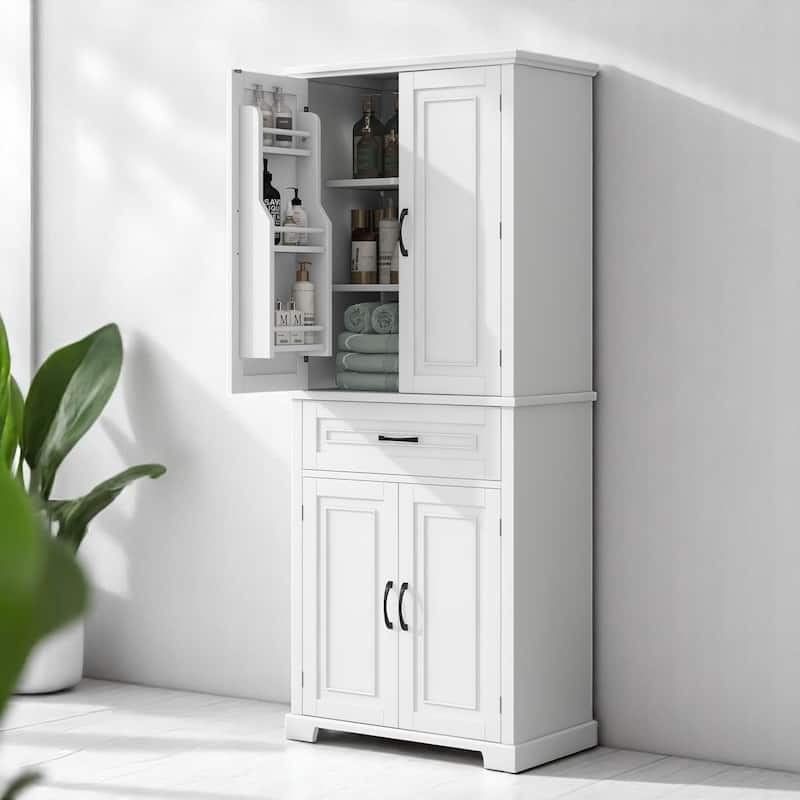 Freestanding White Bathroom Cabinet with Doors, Drawer & Adjustable Shelf, Tall Linen Tower Storage 72'' High