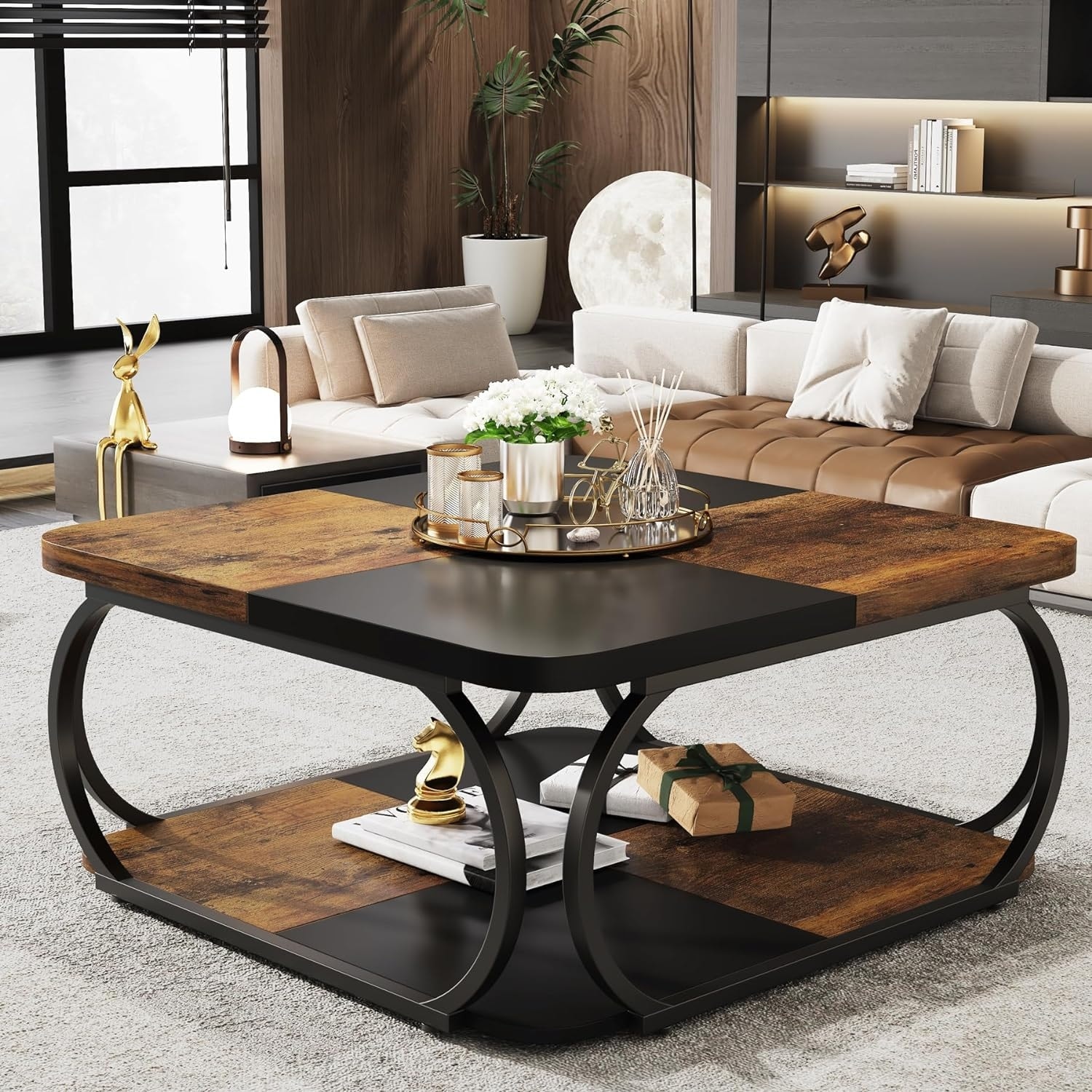 39" Square Coffee Table with Storage Shelf - 2-Tier Rustic Brown & Black